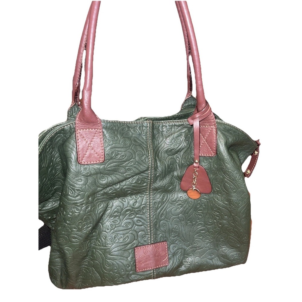 Lavorazione Artigianale Tooled Real Leather Green Brown Crossbody Satchel Bag